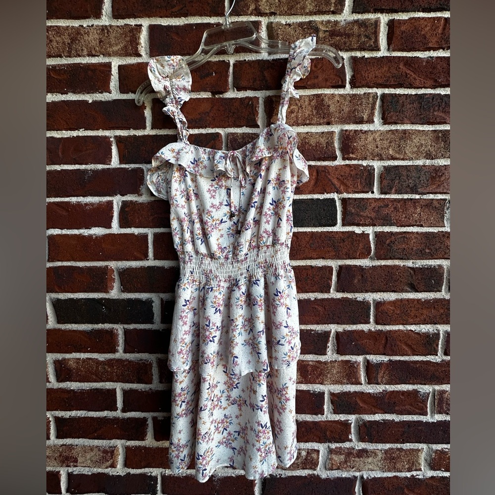 Floral Ruffle Sundress in Cream with Pink & Blue Flowers